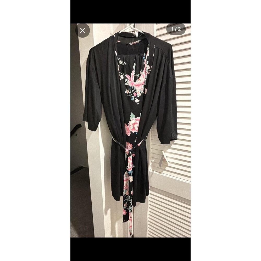 Flora 3 PC Set Black Floral Print Robe Camisole Long Pants PJ Set SZ M NWT